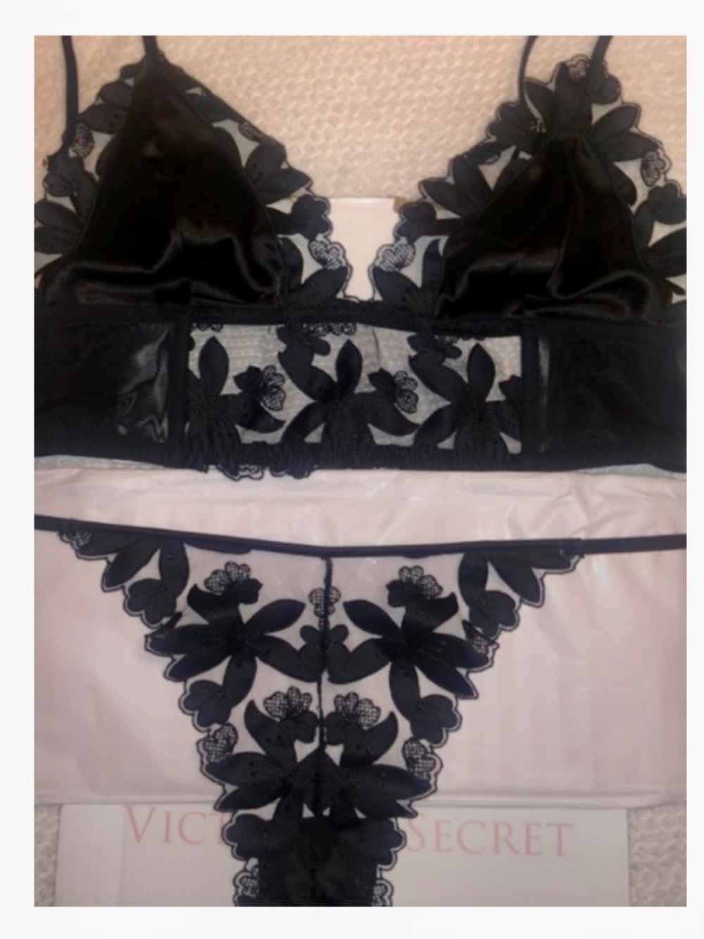 Victoria’s Secret Black Floral Embroidered Appliqué Bralette/Set XL NWOT